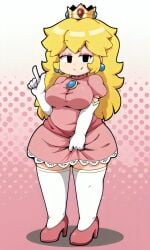 5_fingers ai_generated bangs big_breasts blonde_hair busty chubby clothed crown curvy eyeshadow female female index_finger_raised lipstick looking_at_viewer mario_(series) messy_hair pearl_earrings pink_background pink_dress pink_eyeshadow pink_heels pixai princess princess_peach super_mario_bros. white_thighhighs