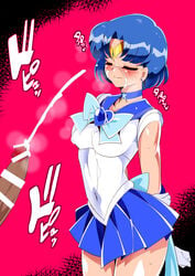 1girls ami_mizuno bishoujo_senshi_sailor_moon blue_hair blush censored closed_eyes clothes clothing cum cum_on_body cum_on_breasts cum_on_face female penis sailor_mercury skirt small_breasts thighs warabimochi