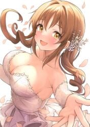 absurdres armpits b1ack_illust bare_shoulders blush breasts brown_hair cleavage collarbone commentary_request commission dress falling_petals female foreshortening highres idolmaster idolmaster_cinderella_girls large_breasts looking_at_viewer petals pixiv_commission reaching reaching_towards_viewer smile solo totoki_airi twintails white_dress