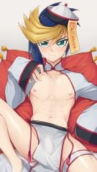 abdomen blonde_hair blue_hair blush boy green_eyes hi_res hiezu looking_at_viewer male muscular nipples solo stomach teenager yu-gi-oh! yu-gi-oh!_arc-v yugo_(yu-gi-oh!_arc-v)