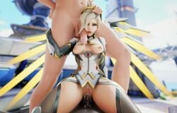 blonde_hair blue blue_eyes cowgirl_position cum cum_on_face dark-skinned_male dinoboy555 exposed_breasts exposed_nipples interracial light-skinned_male looking_at_viewer mercy overwatch penetration pov sex