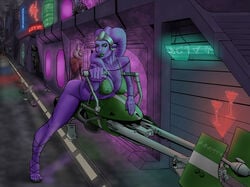 alien alien_girl bar clothed fishnet_shirt futuristic hologram ian_watkins nar_shaddaa neon neon_sign night nightclub nipples_visible_through_clothing open_toe_shoes pose posing red_skin road sci-fi speeder_bike star_wars street strip_club togruta twi'lek vehicle watching