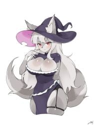 1girls anthro breasts breasts breasts canid canine cleavage clothed clothing eharu0110 female female_focus female_only fur furry halloween halloween_costume hat holidays tail witch witch_costume witch_hat