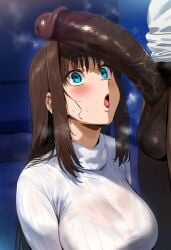 1boy 1girl aozaki_aoko balls bedroom big_breasts big_penis blue_eyes bra bra_visible_through_clothes brown_hair censored dark-skinned_male dark_skin interracial light-skinned_female light_skin long_hair looking_at_penis mahou_tsukai_no_yoru mikayori mosaic_censoring penis_awe pointless_censoring visible_breath