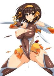 1girls alternate blush breasts brown cameltoe clothes clothing cosplay costume erect eyes fighting hair haruhisky holding igawa_sakura large_breasts leotard nipples open panties revealing short stance suzumiya_haruhi suzumiya_haruhi_no_yuuutsu sweat sweatdrop sword swords taimanin_(series) thick thighs torn underwear weapon