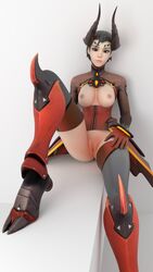 1girls 3d alternate_costume black_hair breasts devil_horns devil_mercy exposed_breasts exposed_pussy female female_only looking_at_viewer mercy nipples overwatch pussy solo tiepoe