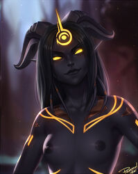 1girls artist_signature black_hair black_skin blizzard_entertainment body_markings breasts colored_sclera draenei eredar female female_only glowing_eyes horns lightforged_eredar looking_at_viewer nipples personalami raense small_breasts solo topless upper_body warcraft world_of_warcraft yellow_eyes yellow_sclera