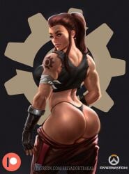 1girls 2d 3d ass back_muscles big_ass big_breasts breasts brigitte brigitte_lindholm brown_hair bubble_ass dat_ass female female_only fingerless_gloves from_behind looking_at_viewer muscle muscular_female overwatch pants_down ponytail salvador_trakal solo tank_top tattoo thong