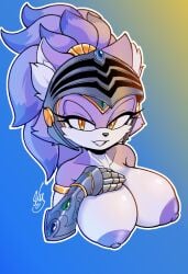 amber_eyes anthro armored_gloves barely_sly bedroom_eyes big_breasts blaze_the_cat breasts domestic_cat erect_nipples felid feline felis female mammal narrowed_eyes nipples seductive sega sir_percival_(sonic_and_the_black_knight) solo sonic_(series) sonic_and_the_black_knight sonic_storybook_series sonic_the_hedgehog_(series) visor_helmet