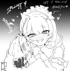 1boy black_and_white blush cum cum_in_sleeve female handjob heart-shaped_pupils indie_virtual_youtuber maid mint_fantome sleevejob sound_effects text virtual_youtuber vtuber wems