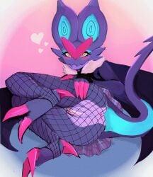 2024 4chan_anon anthro anthrofied anus ass black_clothing black_shirt black_topwear blue_inner_ear blush blush_lines bottomwear claws closed_smile clothing colored digital_media_(artwork) eyelashes fangs female fingerless_gloves fishnet_clothing fishnet_leggings fishnet_legwear fur generation_6_pokemon genitals gloves handwear heart_symbol hi_res leggings legwear looking_at_viewer lying mouth_closed multicolored_body neck_tuft nintendo noivern on_side pattern_bottomwear pattern_clothing pattern_skirt pink_background plaid plaid_bottomwear plaid_clothing plaid_skirt pokemon pokemon_(species) presenting presenting_anus presenting_hindquarters presenting_pussy purple_body purple_bottomwear purple_clothing purple_skirt pussy shirt simple_background skirt smile smiling_at_viewer solo tail teeth topwear tuft unknown_artist white_body white_fur wings yellow_eyes