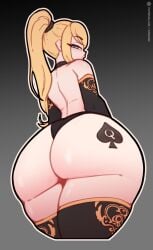 1girls ass big_ass blacked blonde_hair blue_eyes gloves kerosin light-skinned_female looking_at_viewer looking_back_at_viewer looking_down_at_viewer metroid nintendo qos qos_tattoo queen_of_spades queen_of_spades_tattoo samus_aran solo solo_female tattoo tattoo_on_butt thick_thighs thighhighs thighs wide_hips