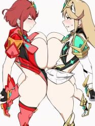 <1_second_video animated bakkanki blonde_hair futa_on_female futanari large_breasts light_skin light_skinned_female loop mythra pressing_breasts_together pyra red_hair satoriwappa selfcest shorter_than_10_seconds standing_sex symmetrical_docking tagme vertical_video video xenoblade_(series)