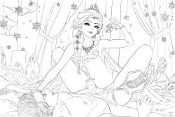 black_and_white climax climaxing dress elsa_(frozen) evil_grin femdom frozen_(film) glitter ice jewelry line_art lipstick magic makeup nail_polish pegging reshaflame snow