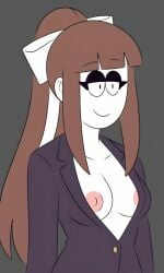 1girls ai_generated alternate_art_style bangs black_eyes black_eyeshadow blazer bow_in_hair breasts breasts_out brown_hair doki_doki_literature_club eyeshadow female female_focus female_only gray_background medium_breasts monika_(doki_doki_literature_club) nipples open_blazer pixai ponytail shirtless sidelocks smile spooky_month upper_body white_bow white_skin