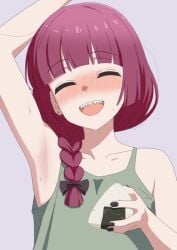 armpit_crease armpits blush bocchi_the_rock! fangs hiroi_kikuri holding_food magenta_hair red_hair smiling sorashikomi