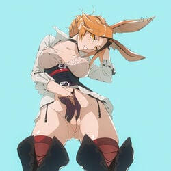 animal_ears blue_background borrowed_character bottomless cleavage corset erection_under_clothes female flou from_below garter_straps gloves innie_pussy large_breasts looking_at_viewer masturbation orange_eyes orange_hair pussy see-through shirt solo thighhighs