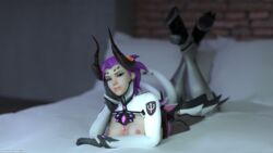 1girls 3d alternate_costume blizzard_entertainment breasts demon_girl demon_tail exposed_breasts eyelashes eyeshadow female horns imp_mercy looking_at_viewer mercy nipples overwatch pale_skin purple_eyes purple_hair purple_lipstick reelay slim tied_hair