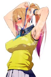 armpit_hair armpits blush female_only hairy_armpits ishii_takamori kawakami_mai looking_at_viewer musaigen_no_phantom_world sexy_armpits skirt sweat sweat_stain sweaty_armpits yellow_shirt