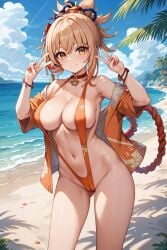 1girls ai_generated arm_tattoo bangs beach big_ass big_breasts blonde_hair cameltoe choker genshin_impact hair_ornament hoyoverse jasse looking_at_viewer outdoor outside sling_bikini slingshot_swimsuit thighs yoimiya_(genshin_impact)