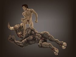 2boys 4:3 abs angry_face artist_request asterion bovid bovine brown_hair cattle dark_background demigod european_mythology fictional_interracial flaccid gay greek_mythology hero hi_res holding_horn horns_and_hooves human interspecies killing large_penis lying_on_side male male_only mammal minotaur monster muscular_male mythology nude pecs penis penis_size_difference size_difference small_balls small_penis snuff theseus tongue_out uncut