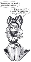 1girls ball_gag big_breasts black_and_white blush bondage bound bunny_ears bunnysuit gag high_heels hilda_(pokemon) monochrome pokemon pokemon_bw raya100 sketch text