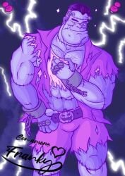 1man chains dressed franken_stein frankenstein frankenstein's_monster hairy hairy_chest hairy_male halloween halloween_2023 italian muscle muscle_daddy muscle_tone muscles pinup pinup_pose poster poster_(object) purple_body purple_skin roxds93