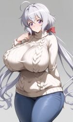 1girls ahoge ai_generated breasts enormous_breasts huge_breasts jeans long_hair looking_at_viewer low_twintails milf purple_eyes shiny shiny_hair smile solo stay_at_home_mom sweater symphogear thick_thighs twintails yukine_chris