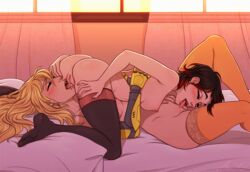 2girls 69 areolae ass black_hair blonde_hair blush breasts cunnilingus female incest kateami long_hair multiple_girls nipples no_shoes prosthetic prosthetic_arm pussy robotic_arm ruby_rose rwby short_hair sisters stockings yang_xiao_long yuri