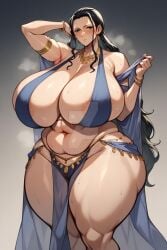 1girls ai_generated bbw belly_dancer belly_dancer_outfit big_breasts black_hair blue_eyes breasts_bigger_than_head cleavage curvaceous curvy_female earrings female female_only kowschlagi large_breasts light_skin loincloth long_hair nico_robin one_piece plump standing thick thick_thighs voluptuous voluptuous_female wide_hips