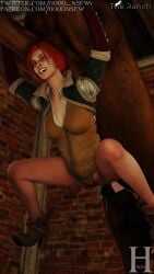 1animal 1girls 1male beastiality bottomless from_behind from_behind_position heel_boots horse horsecock looking_at_viewer red_hair sfm_hood smile the_witcher_(series) the_witcher_3:_wild_hunt triss_merigold vaginal_penetration zoophilia