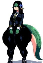 ai_generated big_ass big_ass_(female) big_breasts big_tail big_thighs clothed clothed_female dragon_girl dragon_tail goth goth_girl green_scales huge_ass huge_thighs novelai pointy_ears scaly shoes suit suit_and_tie thick_ass thick_thighs tie tight_clothing tight_pants