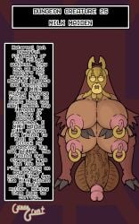 1futa 2d big_ass big_balls big_breasts big_lips big_penis bovid bovid_humanoid bovine_humanoid brown_hair character_profile character_sheet futa_focus futa_only futanari gold_(metal) gold_mask guavagrunt hand_on_breast hooves huge_ass huge_balls huge_breasts huge_cock huge_lips long_hair mask monster monster_girl multi_breast multi_nipple nipple_piercing nipple_rings nipples original penis_accessory pink_nipples simple_background squatting tan_body text thick_thighs thighs veiny_penis