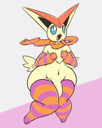 1boy 2019 2_toes 4_fingers abs anthro armwear big_ears blue_eyes blush butt_wings clothing eyelashes fangs femboy fingers fur furry girly huge_ass latiar legendary_pokémon legwear looking_away male mammal navel nintendo open_mouth original_character penis pokémon_(species) pokemon pokemon_bw scarf simple_background solo solo_male thick_thighs toes tongue victini video_games wide_hips wings