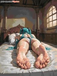 ai_generated aqua_hair barefoot bed bedroom feet foot_fetish foot_focus from_behind gigatsu hatsune_miku lying lying_on_bed lying_on_stomach panties sole_female soles toes vocaloid