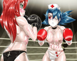 2girls arena ass back back_view backboob black_boxing_gloves black_gloves black_panties blue_hair boxing boxing_gloves boxing_ring boxing_tape breasts bruises cross duo eye_contact eye_patch gloves green_eyes half-closed_eyes light-skinned_female light_skin long_hair mostly_nude mouth_guard mouth_mask multiple_girls nipples nurse_cap pale-skinned_female pale_skin panties parasoul pugilismx red_boxing_gloves red_eyes red_gloves red_hair shiny_hair shiny_skin skullgirls sweat thick thick_hips thick_thighs thighs topless topless_boxing valentine_(skullgirls) white_panties wide_hips