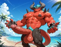 1boy abs ai_generated anthro balls bara beach booster_rex bracelet colored_skin completely_nude completely_nude_male day erection feet_out_of_frame horns large_pectorals male male_focus male_only mature mature_anthro mature_male muscular muscular_anthro muscular_male nipples nsfw nude nudity outdoors pectorals penis red_skin solo sonic_(series) spiked_bracelet testicles thick_thighs thighs uncensored veins veiny_penis zavok