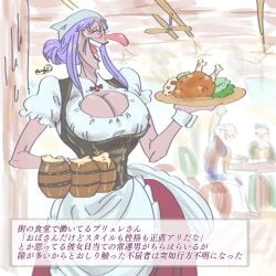 1girls aogiri11daikon barmaid beer beer_mug big_breasts big_nose breasts charlotte_brulee cleavage cleavage_cutout cleavage_window female female_only food older_female one_piece purple_hair waitress あおぎり大根