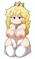 ai_generated big_breasts black_eyes blonde_hair busty chubby collar cum cum_on_breasts cum_on_hair curvy eyeshadow glvoes kneeling lipstick looking_at_viewer mario_(series) naked nude pink_eyeshadow pixai princess_peach smug super_mario_bros. thighhighs white_gloves white_thighhighs