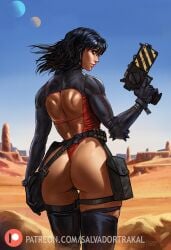 1girls back_view big_ass black_hair clothed desert gun muscular muscular_back muscular_female outdoors salvador_trakal