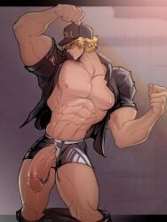 1boy abs bidbrock big_penis blonde_hair cells_at_work flexing flexing_bicep killer_t_cell male_only muscular muscular_male pants_down penis posing ripped_clothing ripped_shirt unbuttoned_shirt