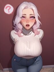 11_22 ? against_wall ai_generated blush confused drooling expressionless huge_breasts hypnosis jeans large_breasts long_hair looking_at_viewer milf mind_control oc open_mouth original original_character pink_eyes pov_eye_contact ribbed_sweater spoken_question_mark sweater turtleneck wavy_hair white_hair wide_hips