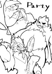 2019 3boys anthro blush bodily_fluids claws drooling erection excadrill eye_contact furry genital_fluids half-closed_eyes hi_res humanoid_penis kori-nio looking_at_viewer male male_only mammal mole monochrome mustelid nintendo obstagoon open_mouth panda pangoro penis pokémon_(species) pokemon pokemon_bw pokemon_ss pokemon_xy rodent saliva sweat testicles text tongue tongue_out ursid veins video_games