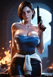 1girls 3d ai_generated bare_shoulders belt blue_eyes breasts brown_hair cleavage clothes_around_waist covered_nipples cowboy_shot gun handgun holding holding_gun holding_weapon jill_valentine large_breasts lips miniskirt nose pein resident_evil short_hair skirt solo stable_diffusion standing strapless sweater sweater_around_waist trigger_discipline tube_top weapon