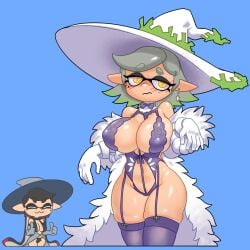 breasts callie_(splatoon) earrings female hat inkling inkling_girl long_hair looking_at_viewer marie_(splatoon) minus8 pointy_ears splatoon tentacle tentacle_hair thick_thighs two_tone_hair witch_costume witch_hat