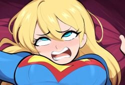 1girls 2024 2d 2d_(artwork) ai_generated blonde_hair blue_eyes close-up dc dc_comics female implied_sex large_breasts mullon novelai rough_sex sex supergirl superheroine superman_(series) sweat tears