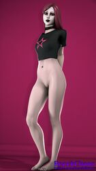 1girls 3d 3d_(artwork) bare_legs barefoot big_ass black_lips black_lipstick black_shirt bottomless choker egirl emo eyeshadow feet female female_only fortnite haze_(fortnite) legs looking_back navel pale-skinned_female pale_skin pink_background pink_hair pussy reachchaos red_eyes shy solo source_filmmaker tagme thick_ass thick_thighs toes