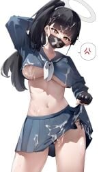 arm_behind_head black_gloves black_hair black_mask black_panties blue_archive blue_serafuku blue_shirt blue_skirt blunt_bangs blush breasts brown_eyes cameltoe clothes_lift commentary_request contrapposto cowboy_shot cum cum_on_body cum_on_breasts cum_on_clothes cum_on_hair cum_on_mask delinquent donggua_bing_cha female fingerless_gloves gloves halo head_tilt highres large_breasts lifting_own_clothes long_hair long_sleeves looking_at_viewer mask miniskirt mouth_mask navel neckerchief nipple_slip nipples no_bra panties pleated_skirt revealing_clothes revision school_uniform serafuku shirt side-tie_panties side_ponytail simple_background skirt skirt_lift solo stomach string_panties sukeban sukeban_(smg)_(blue_archive) surgical_mask sweat thighs underboob underwear white_background white_halo white_neckerchief x_mark