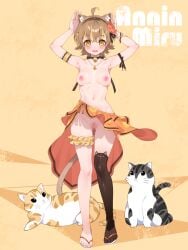 ahoge animal animal_ear_fluff animal_ears annin_miru black_thighhighs brown_hair censored character_name feline female full_body highres indie_virtual_youtuber jewelry mosaic_censoring necklace nipples open_mouth pussy short_hair single_thighhigh smile standing thighhighs topless virtual_youtuber waterring yellow_eyes