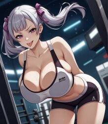 1girls ai_generated big_breasts black_clover breasts cleavage gigantic_breasts gym_uniform hi_res hourglass_figure huge_breasts large_breasts looking_at_viewer noelle_silva purple_eyes silver_hair sports_bra sportswear thick_thighs thighs tongue_out twintails voluptuous